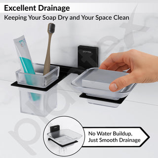 Plantex 304 Grade Stainless Steel Glass Soap Dish with Tumbler Holder/Soap Stand/Bathroom Accessories - Crystal (Black)