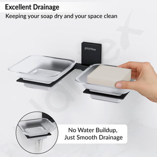 Plantex 304 Grade Stainless Steel Frosted Glass Double Soap Dish/Soap Stand/Dual Soap Holder/Bathroom Accessories - Crystal (Black)