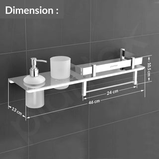 Plantex Stainless Steel 4in1 Multipurpose Bathroom Shelf/Bathroom Steel Rack with Tumbler Holder, Towel Rod and Liquid Soap Dispenser Chrome (18x5 inches)