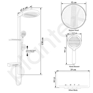 Plantex Haven Shower Panel for Bathroom with Piano Switches & Temperature Display/Rainfall Showerhead with Waterfall Outlet/Hand Shower with Hose Pipe & Clamp - (6013-GA)
