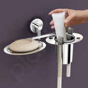 Plantex Stainless Steel Soap Dish with Tumbler Holder/Soap Dish with Toothpaste Holder/Soap Holder for Bathroom/Bathroom Accessories (Chrome)