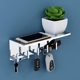 Plantex Multipurpose Stainless Steel Key Holder With Mobile Phone Stand/Storage Rack/Keys Holder For Home - Wall Mount (5 Hooks, Chrome)