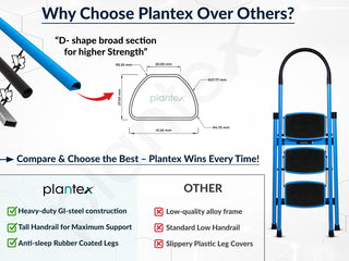 Plantex Premium 3 Steps Steel Ladder | Wide Anti-Skid Step Ladder | Easy to Fold | 5 Year Manufacturer Warranty(3-Step,Blue & Black)