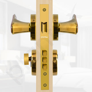 Plantex Premium Main Door Lock with 3 Years Warranty - Mortise Lock Set for Home (PVD Gold & Wood Finish)