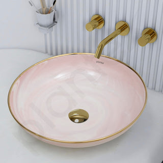 Plantex Wash Basin/Ceramic Table Top Wash Basin/Designer Countertop Basin for Bathroom/Restaurants/Hotel (Pink & Gold - 16.5 x 16.5 x 4 Inch)