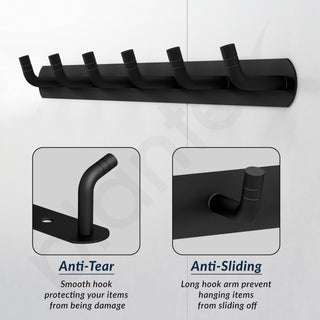 Plantex Stainless Steel Towel Hangers/Wall Hooks for Hanging Cloth/Bathroom Robe Hooks/Door Hangers/Hook Rail for Hanging Keys - 6 Hooks (Pack of 2, Black)