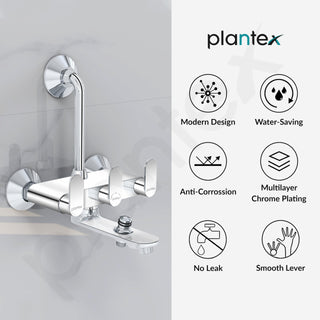 Plantex Pure Brass Wall Mixer for Bathroom 3 in 1 with L-Bend Provision for Overhead and Hand Shower with Water Saving Nozzle/ 7 Year Warranty by Plantex (ORN-219- Mirror-Chrome)