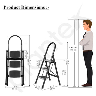 Plantex 3 Step Ladder for Home - Foldable Steel 3 Step Ladder-Wide Anti Skid Steps - Space-Saving (Grey & White)