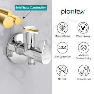 Plantex Pure Brass 2-Way Angle Valve Tap for Bathroom with Brass Wall Flange & Teflon Tape- Quarter Turn Tap (PAC-1808-Chrome Finish)