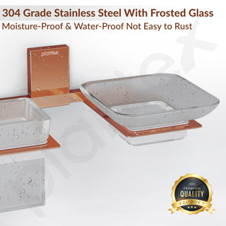 Plantex 304 Grade Stainless Steel Glass Soap Dish with Tumbler Holder/Soap Stand/Glass Toothbrush Holder/Bathroom Accessories - Crystal(PVD Rose Gold)