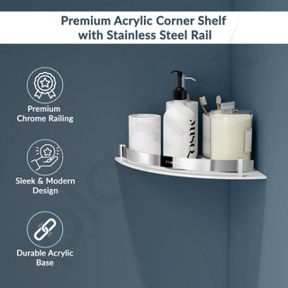 Plantex Corner Shelf for Bathroom Acrylic/Wall Mounted Storage Shelf with Stainless Steel Railings/Bathroom Accessories (White, 12x12 Inches)