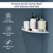 Plantex Corner Shelf for Bathroom Acrylic/Wall Mounted Storage Shelf with Stainless Steel Railings/Bathroom Accessories (White, 12x12 Inches)