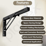 Plantex 16 Inch Foldable Shelf Bracket/GI Steel Multipurpose Bracket/L Bracket/Space Saving Bracket for Wall/Folding Table Bracket for Home & Office (Pair of 1, Black)