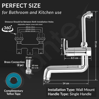 Plantex Wall Mixer for Bathroom 2 in 1 with L-Bend Provision for Overhead Shower/Pure Brass Mixer Tap for Bathroom with Water Saving Nozzle Tap- Pack of 1 (Col-1018-Chrome)