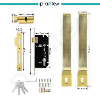 Plantex 15 Inch Door Handle with Lock/Stainless Steel Handle Set for Home/Office/Door Accessories - Pack of 1 (Brass Antique & Gold)