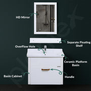 Plantex Unbreakable Wall Mount Vanity Cabinet & Washbasin Set/Washbasin with Cabinet/Basin Cabinet for Bathroom with Mirror & Shelf (White) Glass, Ceramic and HPP