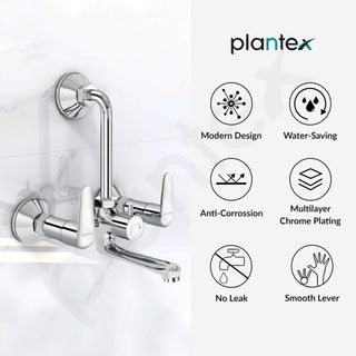 Plantex Pure Brass Wall Mixer for Bathroom 2 in 1 with L-Bend Connector/Tap Mixer/Nickel Chrome Mirror Finish Mixture Tap with Water Saving Aerotor - (DOL-2320-Chrome)
