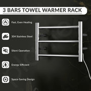 Plantex Electric Heated Towel Rail for Bathroom/3-Bar Wall Mounted Towel Warmer/304 Grade Stainless Steel Towel Bar/Fast Heating & Rust Proof - Pack of 1 (Chrome, 400mm X 300mm)