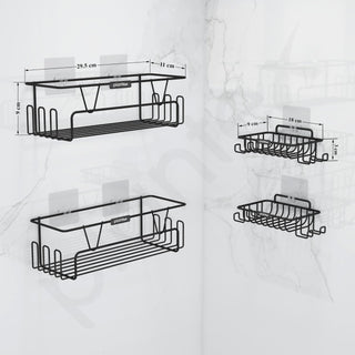 Plantex 4in1 Bathroom Organiser Without Drill/Self Adhesive Shelf for Bathroom and Soap Dish/GI Steel Wall Mounted Shelf and Soap Holder with Hooks (Black)