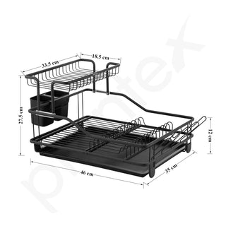 Plantex 2 Tier Dish Rack with Drainer Tray/Black Dish Drying Rack/GI Steel Utensil Stand with Drainer Tray, Plate & Bowl Holder, Glass Organizer for Kitchen