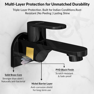 Plantex Pure Brass ORN-202 Long Body Bib Cock for Bathroom with Water Saving Aerator/Wall Mount BibTap with Wall Flange for Bathroom-7 Year Warranty (PVD Black)