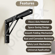 Plantex 12 Inch Foldable Shelf Bracket/GI Steel Multipurpose Bracket/L Bracket/Space Saving Bracket for Wall/Folding Table Bracket for Home & Office (Pair of 1, Black)