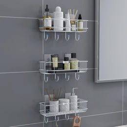 Plantex Stainless Steel Self Adhesive Shelf/Multipurpose Bathroom Shelf with Hooks/Towel Holder/Rack/Bathroom Accessories Set/Bathroom Organiser Without Drill - Pack of 3 (Chrome)