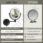 Plantex Brass and 304 Stainless-Steel Magnifying Mirror with LED/Wall Mount Makeup Mirror with Light/Zoom Mirror- 5x/1x Magnification (8 Inch-Black)