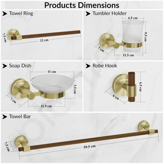 Plantex 304 Stainless Steel and Wood Bathroom Set/Glass Soap Holder & Tumbler Holder/Towel Rod/Napkin Hanger for Washbasin/Robe Hook/Bathroom Accessories - Set of 5 (Gold & Wood)