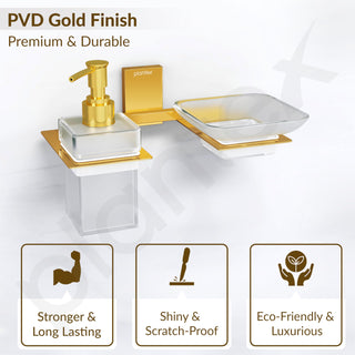 Plantex 304 Grade Stainless Steel Glass Soap Dish with Liquid Dispenser for Bathroom/Soap Stand/Glass Shampoo Dispenser/Bathroom Accessories - Pack of 1 (Crystal, PVD Gold)