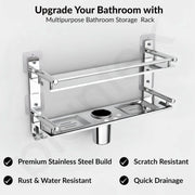 Plantex Bathroom Organiser without Drill/Stainless Steel Bathroom Accessories Set with Soap Dish and Brush Holder/Hooks/Tumbler Holder/Bathroom Stand for Wall (2-Tier, Chrome)