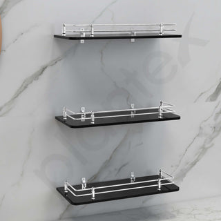 Plantex Heavy Duty Black Glass Shelf for Bathroom/Kitchen Wall Shelf/Living Room Glass Shelf, Polished (12x6 Inches - Pack of 3)