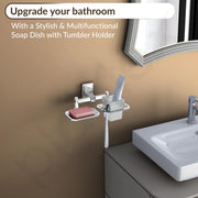 Plantex 304 Grade Stainless Steel 2in1 Soap Holder with Tumbler Holder/Wall Mounted Stand/Bathroom Accessories - Darcy (Chrome)