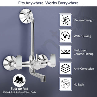 Plantex Wall Mixer 2 in 1 with L-Bend Connector for Rain Shower/Nickel Chrome Mirror Finish Mixture Tap for Bathroom with Wall Flange-(APS-1299)