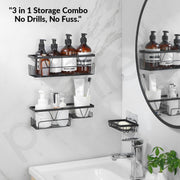 Plantex Bathroom Organiser Without Drill/Self Adhesive Bathroom Shelves and Soap Holder with Hooks/Multipurpose Shelf/Soap Stand - Combo (Black)