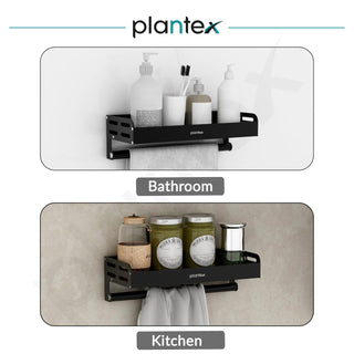 Plantex Aluminium Multipurpose Bathroom Shelf with Towel Rod with Movable Hooks/Bathroom Shelf Rack/Organizer for Bathroom Accessories - Wall Mount (Black)
