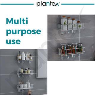Plantex Stainless Steel Self Adhesive Shelf/Multipurpose Bathroom Shelf with Hooks/Towel Holder/Rack/Bathroom Accessories Set/Bathroom Organiser Without Drill - Pack of 3 (Chrome)