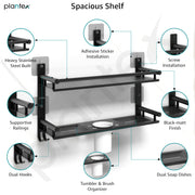 Plantex 5in1 Bathroom Organiser Without Drill/Stainless Steel Bathroom Shelf/Rack with Steel Soap Stand for Wall/Tumbler/Brush Holder/Bathroom Fittings Accessories Set (Black)