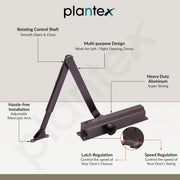 Plantex Aluminium Hydraulic Door Closer for Wooden Doors - Automatic Soft Close for Hotel/Home/Office - ISO 9001 Certified (MI-100, Capacity - 75 Kg, Brown)