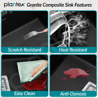 Plantex Sink for Kitchen/Granite Quartz Single Bowl Kitchen Sink With Drain Board/Undermount/Top Mounted (Black-36x18 Inches)