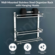 Plantex Bathroom Organizer with Drill/Stainless Steel Bathroom Rack Shelf with Towel Holder/Towel Rod and Hooks (3-Tier, Chrome)