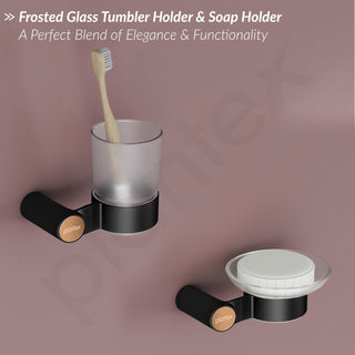 Plantex Bathroom Accessories Set/Frosted Glass Soap Holder & Tumbler Holder/Towel Rod/Napkin Holder/Robe Hook/Bathroom Accessories - Set of 5 (Black & Rose Gold)