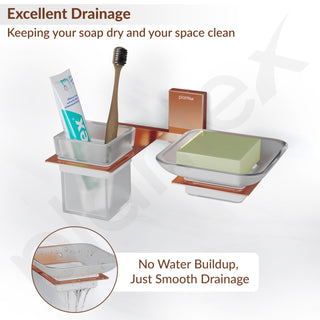 Plantex 304 Grade Stainless Steel Glass Soap Dish with Tumbler Holder/Soap Stand/Glass Toothbrush Holder/Bathroom Accessories - Crystal(PVD Rose Gold)