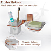 Plantex 304 Grade Stainless Steel Glass Soap Dish with Tumbler Holder/Soap Stand/Glass Toothbrush Holder/Bathroom Accessories - Crystal(PVD Rose Gold)