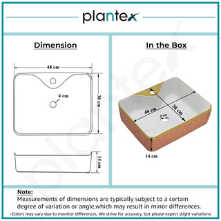 Plantex Ceramic Designer Washbasin for Bathroom/Countertop Hand Wash Basin/Rectangle Tabletop Basin for Restaurant/Hotel (19x15x5.5 Inch - White & Gold)