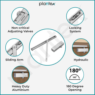 Plantex Automatic Aluminium Soft Door Closer with Double Speed for Heavy Door/Hydraulic Pelmet Arm Door Closer for Hotel-Home-Office (ISO 9001 Certified) (Capacity 120 Kg, Silver)