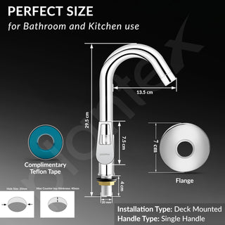 Plantex Pure Brass High Neck Pillar Cock Water Tap with Teflon Tape/360 Degree Swivel Spout/Single Lever Tabletop Basin Sink Cock (3203, Chrome)