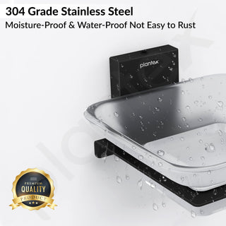 Plantex 304 Grade Stainless Steel Glass Soap Dish/Soap Stand/Wall Mounted Soap Holder/Bathroom Accessories - Crystal (Black)