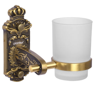 Plantex Antique Aluminium Tumbler Holder/Matt Glass Tooth Brush Stand/Bathroom Accessories (Brass-Antique Finish)