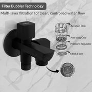 Plantex Two Way Tap for Washing Machine/Quarter Turn 2 in 1 Bib Cock/Wash Basin tap with Teflon Tape and Wall Flange/2 Way Bathroom Tap with Brass Spindle - (Black)